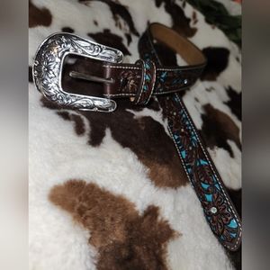 Children's Ariat Brown & Turquoise with Floral Overlay Western Belt size 24